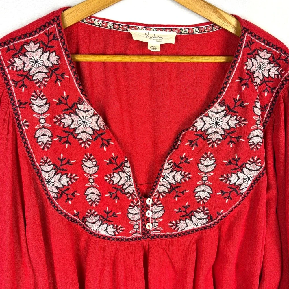 Nurture Westbound Woman Long Sleeve Embroidered‎ Boho Peasant Blouse 2X Bohemian